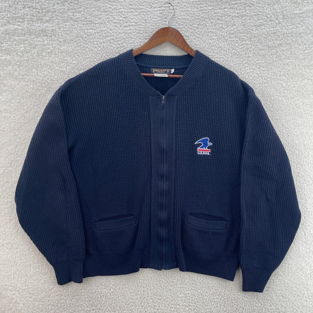 Vintage USPS Sweater Mens Large Blue Pro Knit US Mail Full Zip Ribbed Cardigan